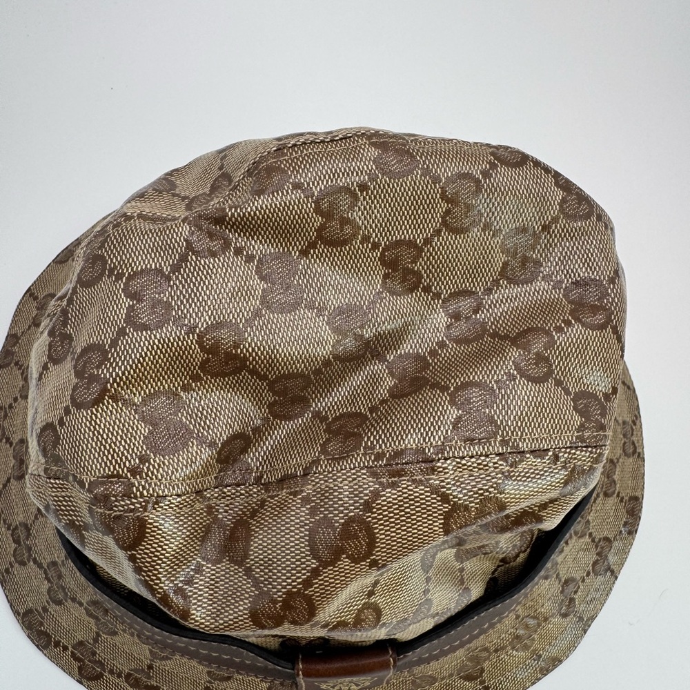 Gucci GG Monogram Bucket Hat Brown Canvas Leather Crest Logo Italy M - Picture 5 of 5